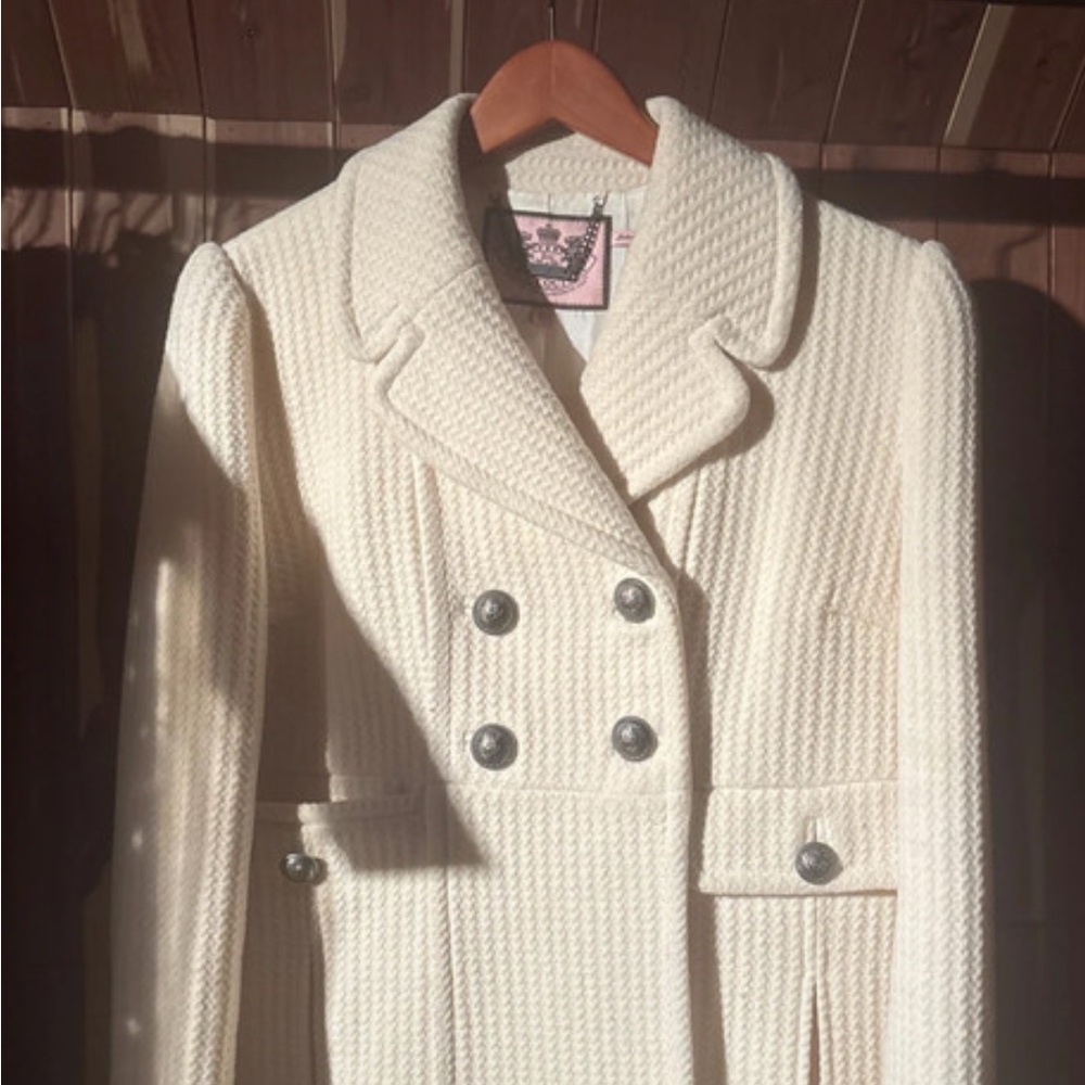 Juicy Couture Cream Double-Breasted Textured Pea Coat